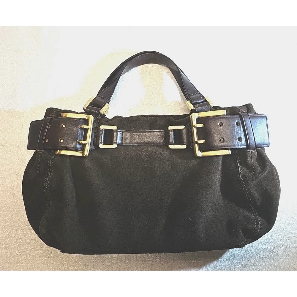 ✨ Y2K  Donna Karan Chocolate Suede Double Buckle Mini-Satchel, BOHO Slouchy Edgy